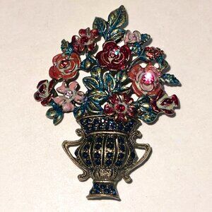 Vintage Multicolor Giardinetto Enamel & Rhinestone Flowers In Vase Brooch Pin
